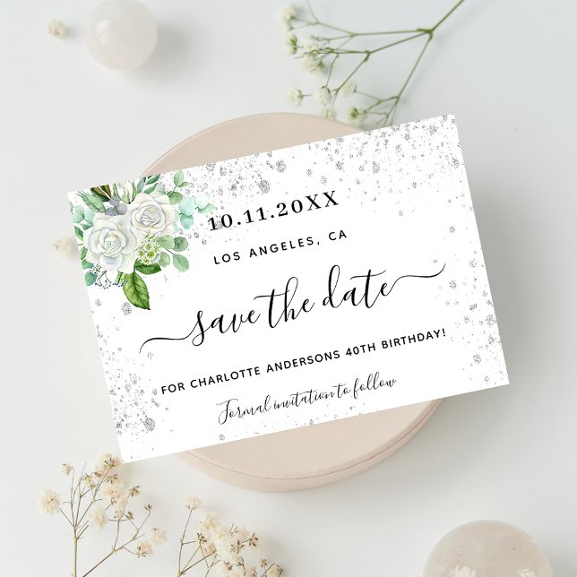 Birthday party floral white green save the date announcement postcard (Creator Uploaded)