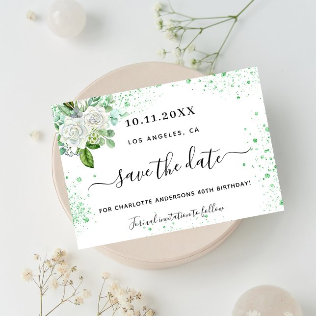 Birthday party floral white green save the date announcement postcard (Creator Uploaded)