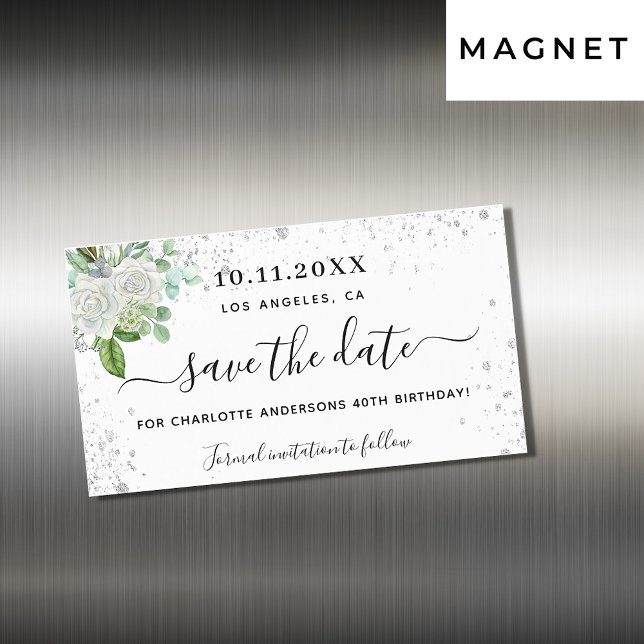 Birthday party floral white save the date magnet (Creator Uploaded)