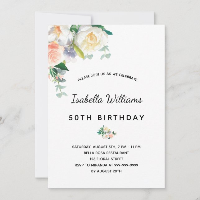 Birthday party florals white rose gold pink invitation (Front)
