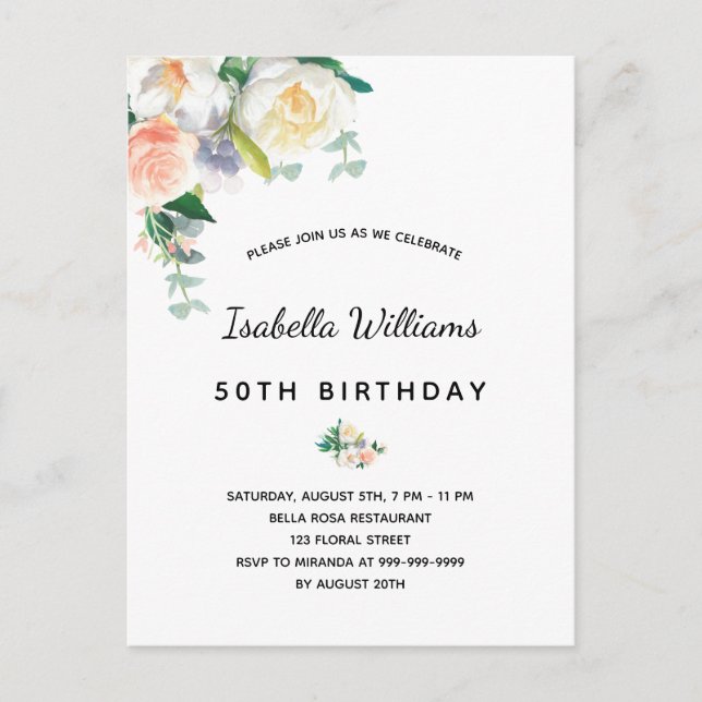 Birthday party florals white rose gold pink postcard (Front)