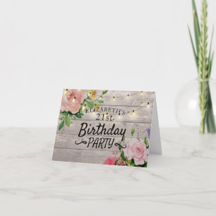 Birthday Party Flowers Rustic Wood String Lights Invitation