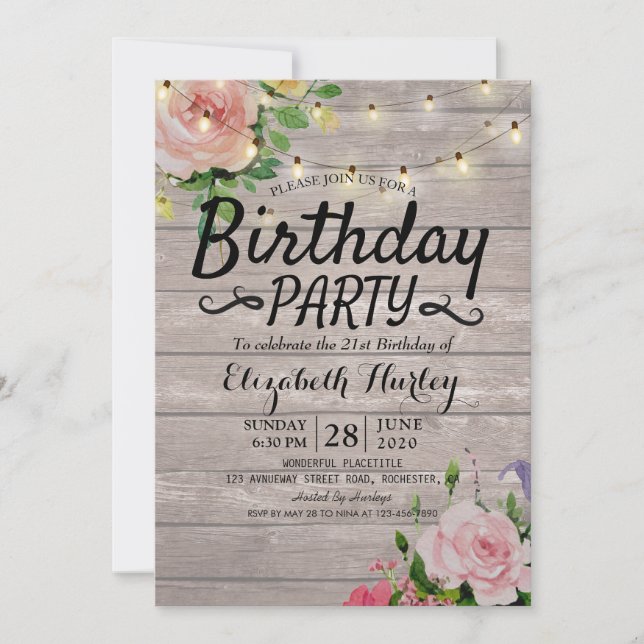 Birthday Party Flowers Rustic Wood String Lights Invitation (Front)