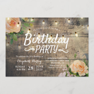Birthday Party Flowers Rustic Wood String Lights Invitation