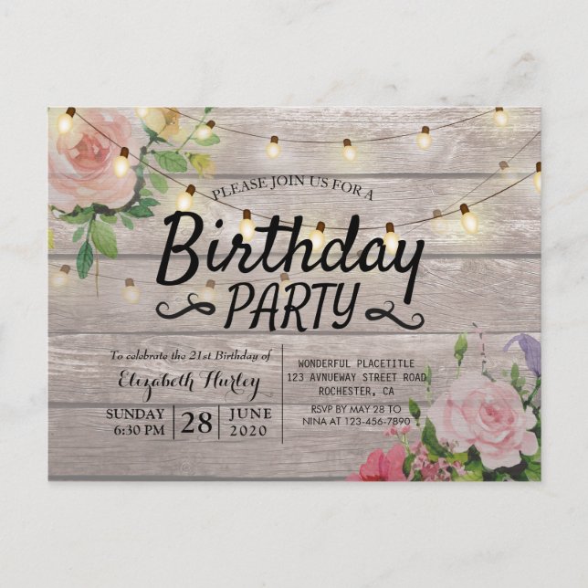 Birthday Party Flowers Rustic Wood String Lights Invitation Postcard (Front)