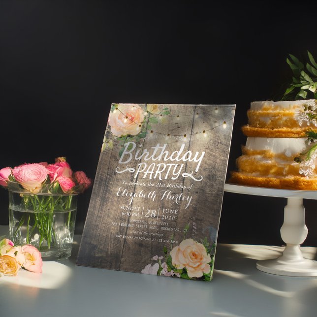 Birthday Party Flowers Rustic Wood String Lights Invitation Postcard (Creator Uploaded)
