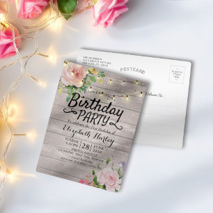 Birthday Party Flowers Rustic Wood String Lights Invitation Postcard