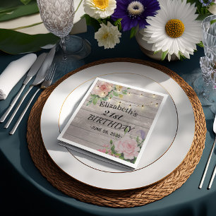 Birthday Party Flowers Rustic Wood String Lights Napkin