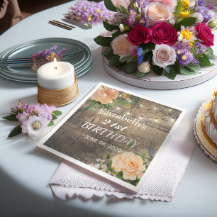 Birthday Party Flowers Rustic Wood String Lights Napkin