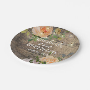 Birthday Party Flowers Rustic Wood String Lights Paper Plate