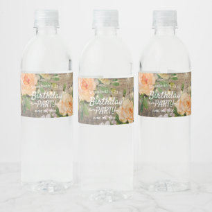 Birthday Party Flowers Rustic Wood String Lights Water Bottle Label