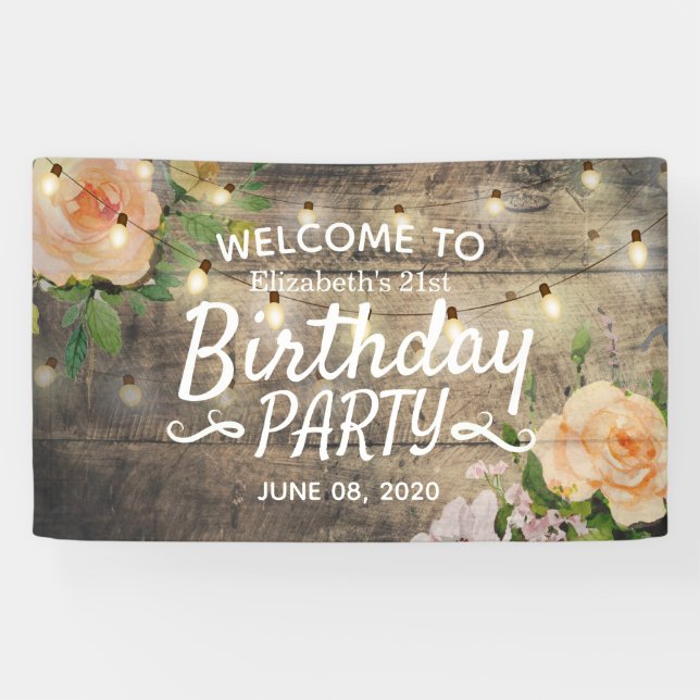 Birthday Party Flowers Wood String Lights Welcome Banner (Horizontal)