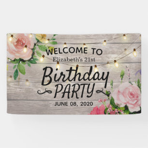 Birthday Party Flowers Wood String Lights Welcome Banner