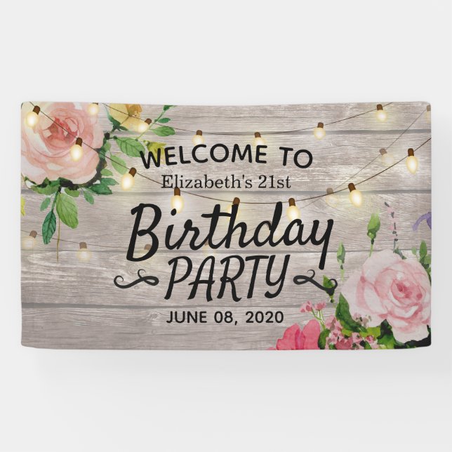 Birthday Party Flowers Wood String Lights Welcome Banner (Horizontal)