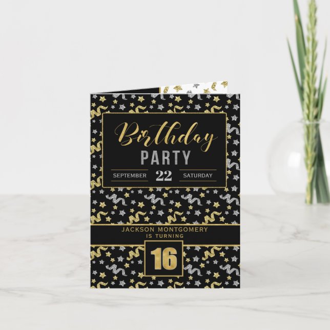 Birthday Party for 16th Boy or Girl Black and Gold Invitation (Front)
