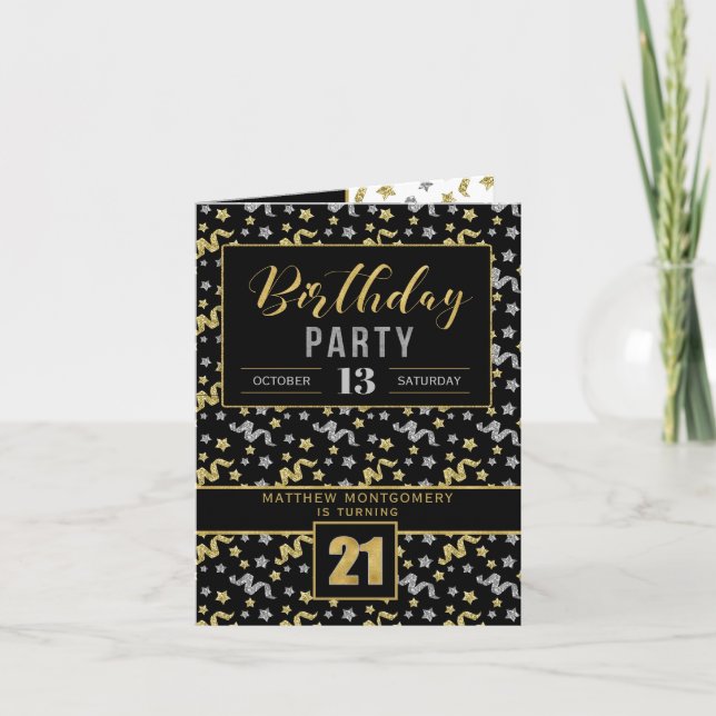 Birthday Party for 21st Black and Gold Invitation (Front)