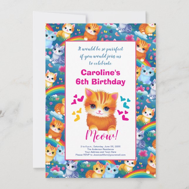 Birthday Party for Girl Kittens on Rainbows Announcement (Front)