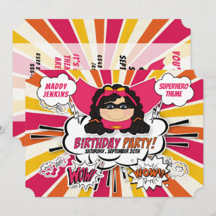 Birthday Party for Girls Super Kids Pink Comic Inv Invitation