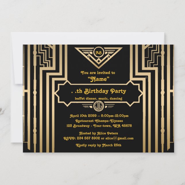 Birthday Party, Gatsby style, Art-Deco, gold&black Invitation (Front)