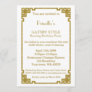 Birthday party, Gatsby style, white & gold Invitation