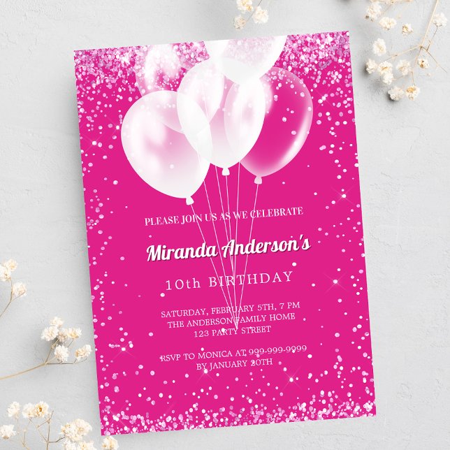 Birthday party girl hot pink white balloons luxury invitation (Creator Uploaded)