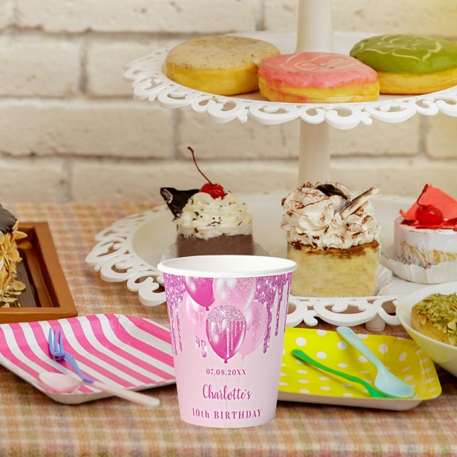 Birthday party girl pink balloons name paper cups (Creator Uploaded)