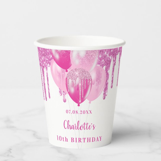 Birthday party girl pink glitter balloons name paper cups (Front)