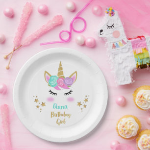 Birthday Party Girl Plate with Unicorn & Name