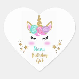 Birthday Party Girl Plate with Unicorn & Name Heart Sticker