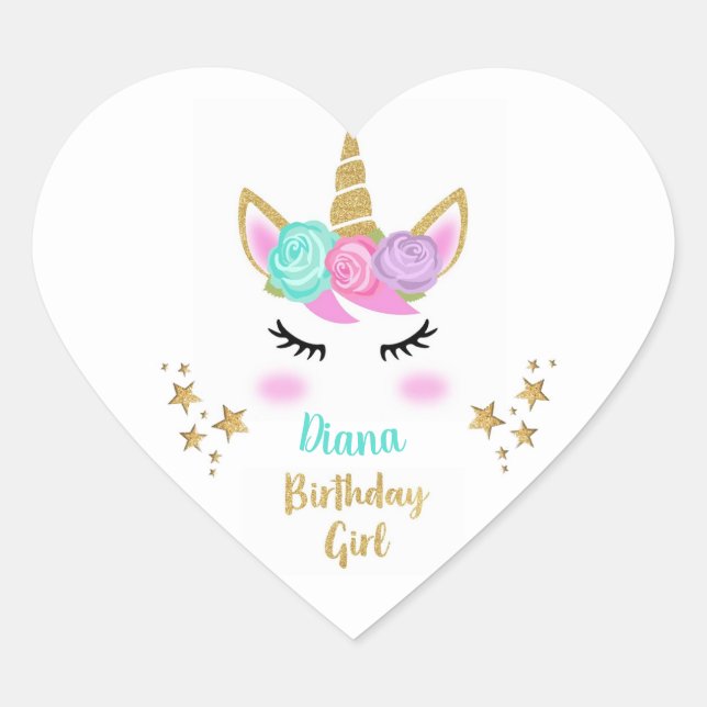 Birthday Party Girl Plate with Unicorn & Name Heart Sticker (Front)
