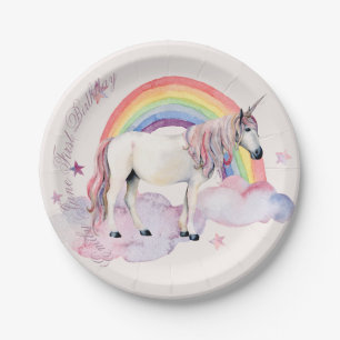 Birthday Party Girl Rainbow Balloons Unicorn Pink Paper Plate