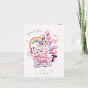 Birthday Party Girl Rainbow Balloons Unicorn Pink Thank You Card