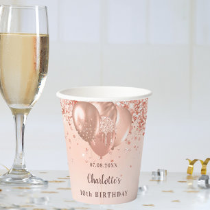 Birthday party girl rose gold glitter balloons paper cups