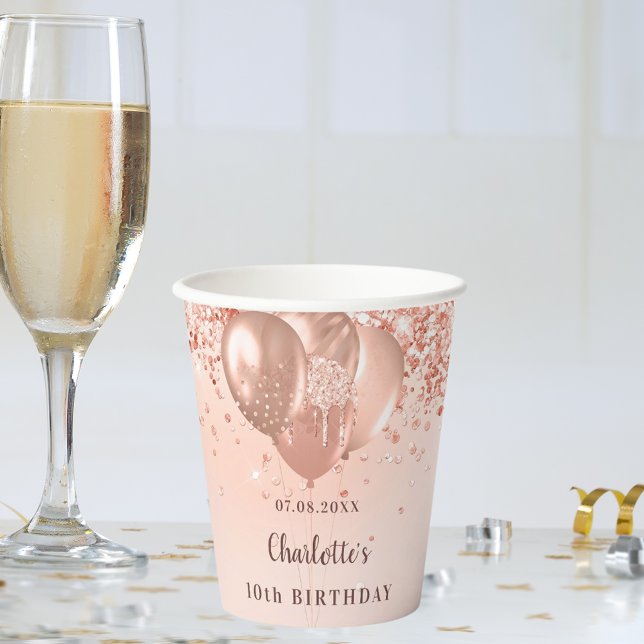 Birthday party girl rose gold glitter balloons paper cups (Creator Uploaded)