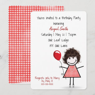 Birthday Party Girl with Red Balloon   Invitation