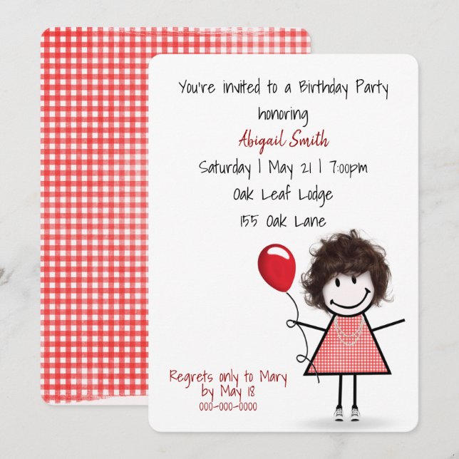 Birthday Party Girl with Red Balloon   Invitation (Front/Back)