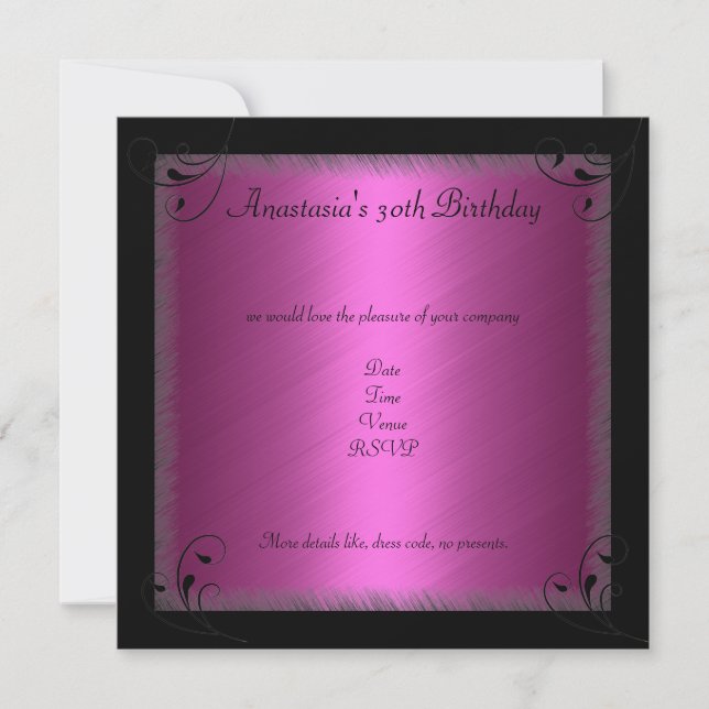 Birthday Party Glamour Hot fuchsia Black Floral Invitation (Front)