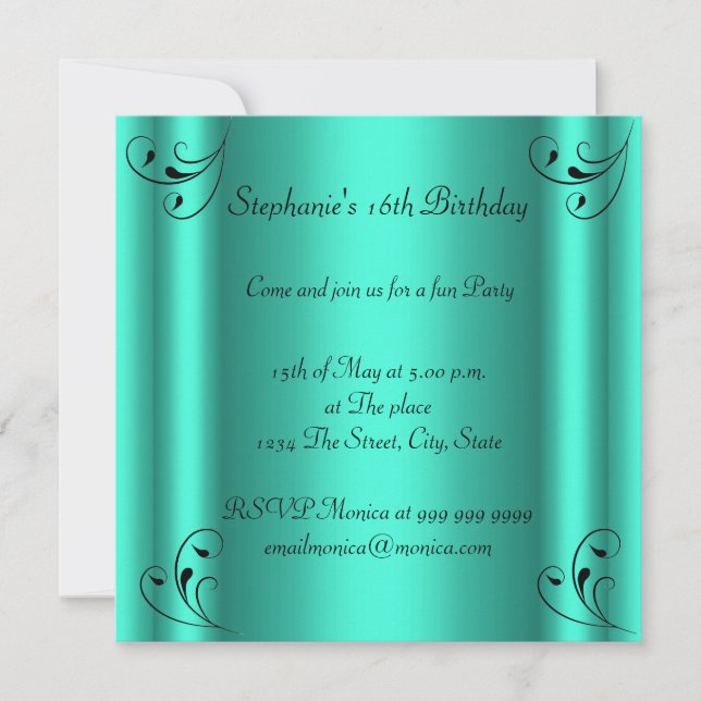 Birthday Party Glamour Hot Teal Black Sweet 16 Invitation (Front)