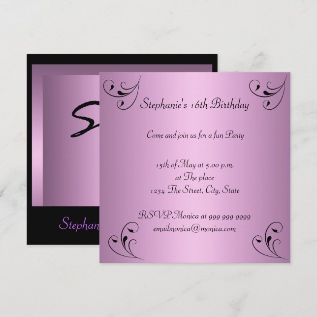 Birthday Party Glamour Pink Black Sweet 16 Invitation (Front/Back)