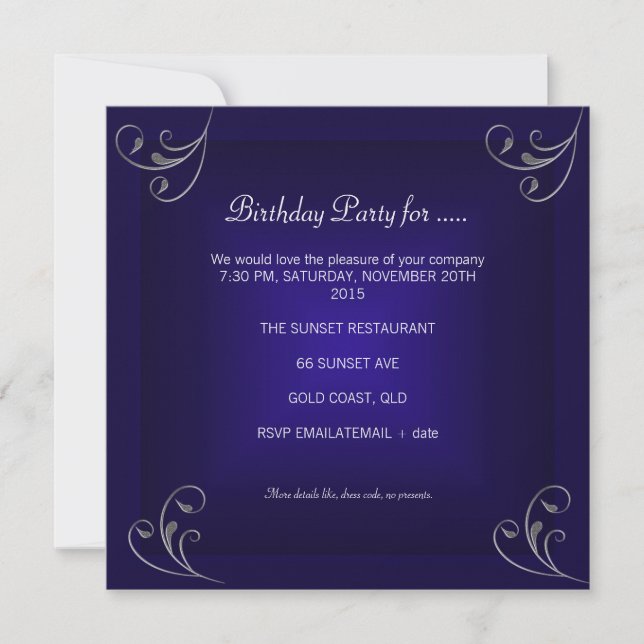 Birthday Party Glamourous Royal Navy Blue Silver Invitation (Front)