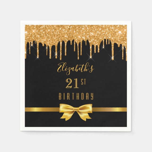 Birthday party glitter black gold elegant monogram napkin (Front)