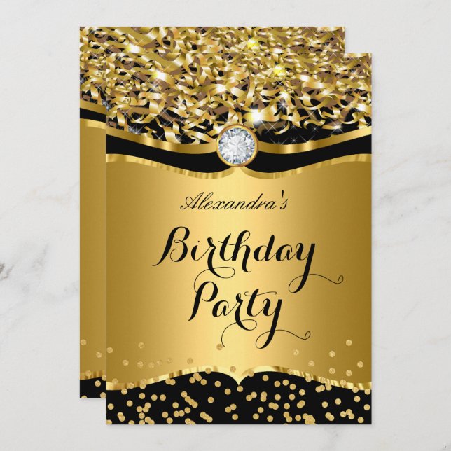 Birthday Party Glitter Gold Black Confetti Invite (Front/Back)