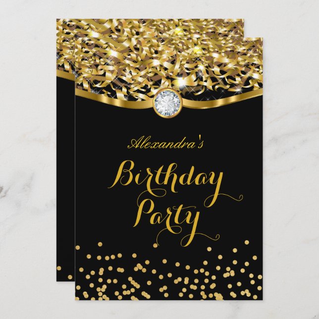 Birthday Party Glitter Gold Black Invitation (Front/Back)
