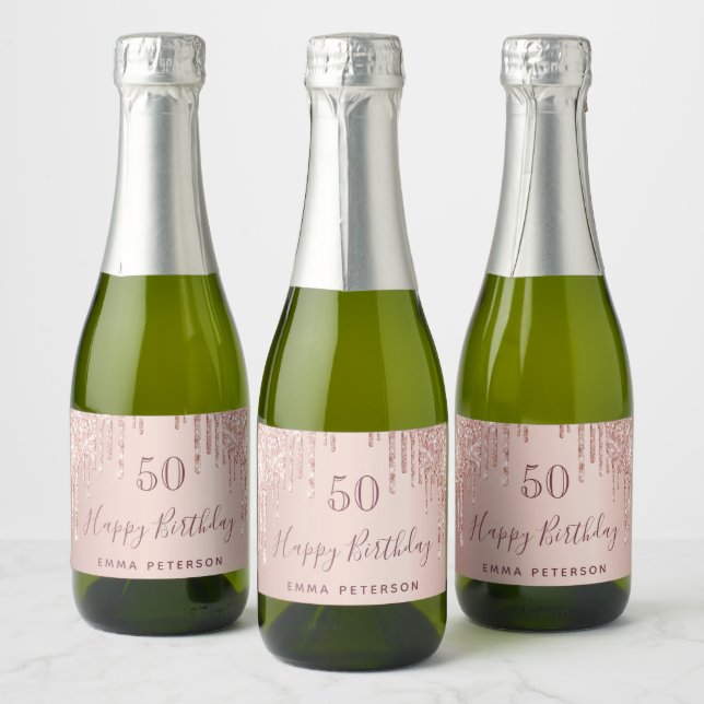 Birthday party glitter rose gold pink sparkle sparkling wine label (Bottles)