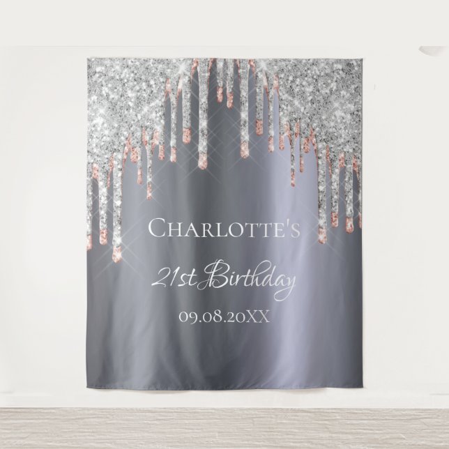 Birthday party glitter silver pink rose gold glam tapestry (Front)
