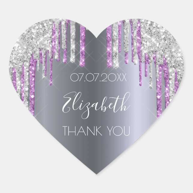 Birthday party glitter silver purple Thank You Heart Sticker (Front)