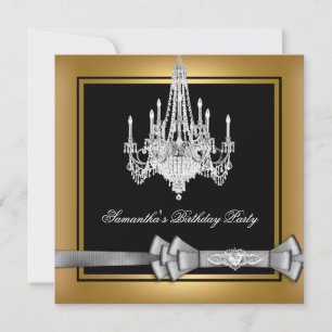 Birthday Party Gold Black Chandelier Silver Bow Invitation