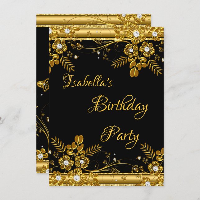 Birthday Party Gold Black Diamond Floral Swirl Invitation (Front/Back)