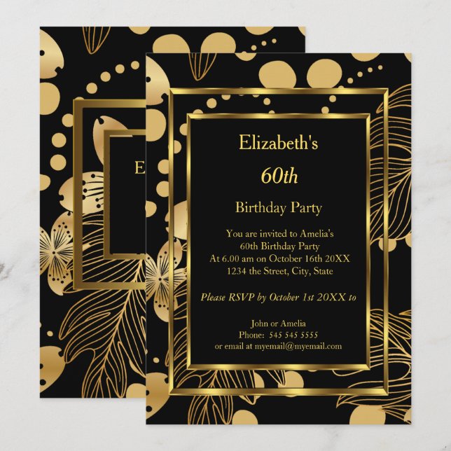 Birthday Party Gold Black Floral  Invitation (Front/Back)