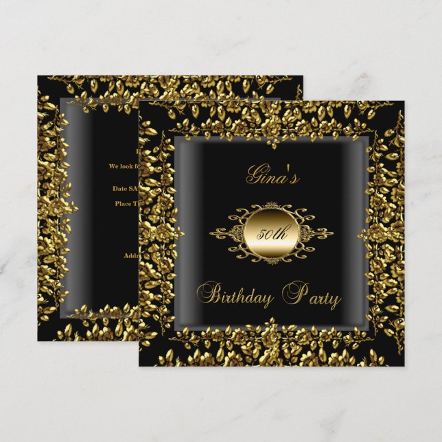 Birthday Party Gold Black Floral Womens 50th Invitation (Front/Back)